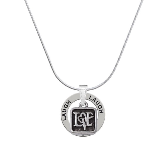 Delight Jewelry Silvertone Antiqued Square Seal - Love with Heart Laugh Ring Charm Necklace, 18"