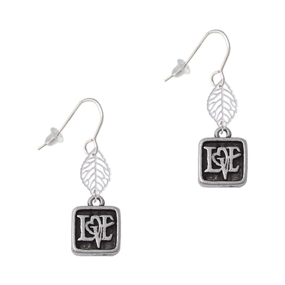 Delight Jewelry Silvertone Antiqued Square Seal - Love with Heart Silvertone Leaf French Earrings
