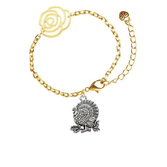 Delight Jewelry Silvertone Antiqued Turkey Gold-tone Flower Link Chain Bracelet, 6.75"+2" Extender