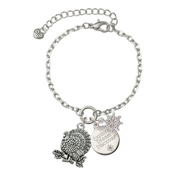 Delight Jewelry Silvertone Antiqued Turkey Silvertone Discover Dream Explore Zoey Charm Bracelet, 6.5+2" Extender