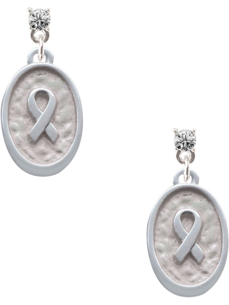 Delight Jewelry Silvertone Awareness Ribbon - Oval Seal Clear Crystal Post Earrings