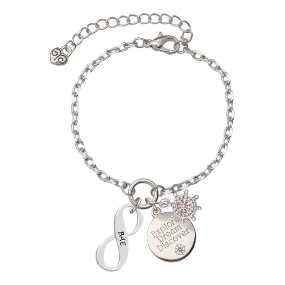 Delight Jewelry Silvertone BAE Infinity Sign Silvertone Discover Dream Explore Zoey Charm Bracelet, 6.5+2" Extender