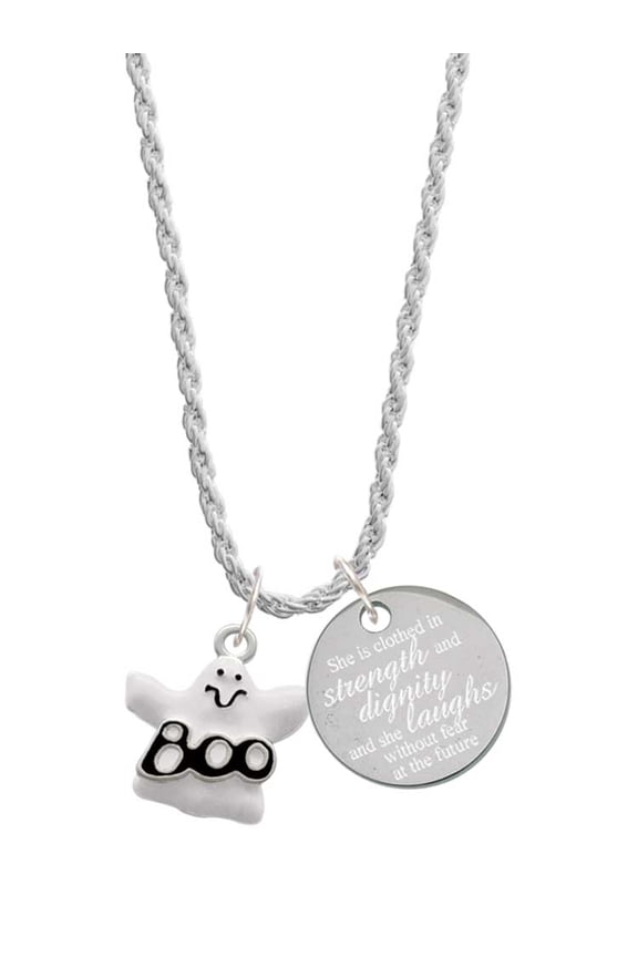 Silvertone BOO Ghost She is Clothed in Stength and Dignity Charm Necklace, 20"+3"