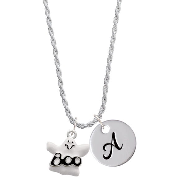 Delight Jewelry Silvertone BOO Ghost Silvertone Script Initial Disc - A - Charm Necklace, 20"+3"