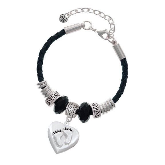 Delight Jewelry Silvertone Baby Feet Heart Locket Best Friend Celtic Knot Leather Bead Bracelet, 7"+2" Extender