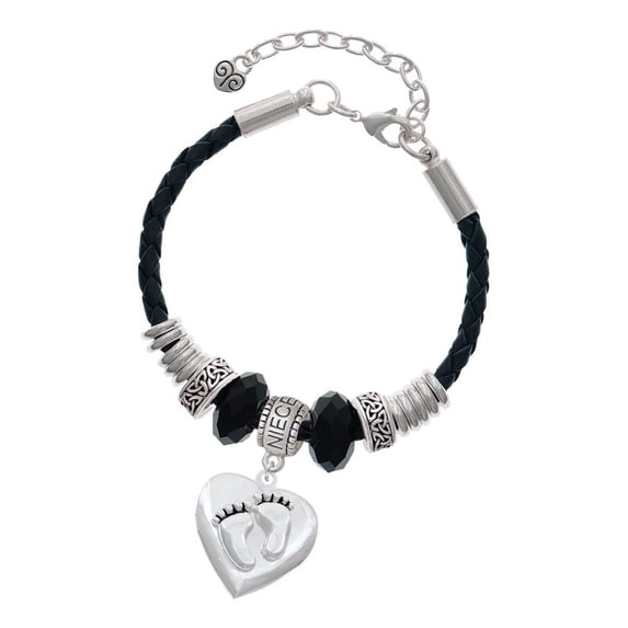 Delight Jewelry Silvertone Baby Feet Heart Locket Niece Celtic Knot Leather Bead Bracelet, 7"+2" Extender