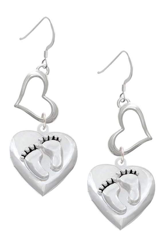 Silvertone Baby Feet Heart Locket Open Heart French Earrings