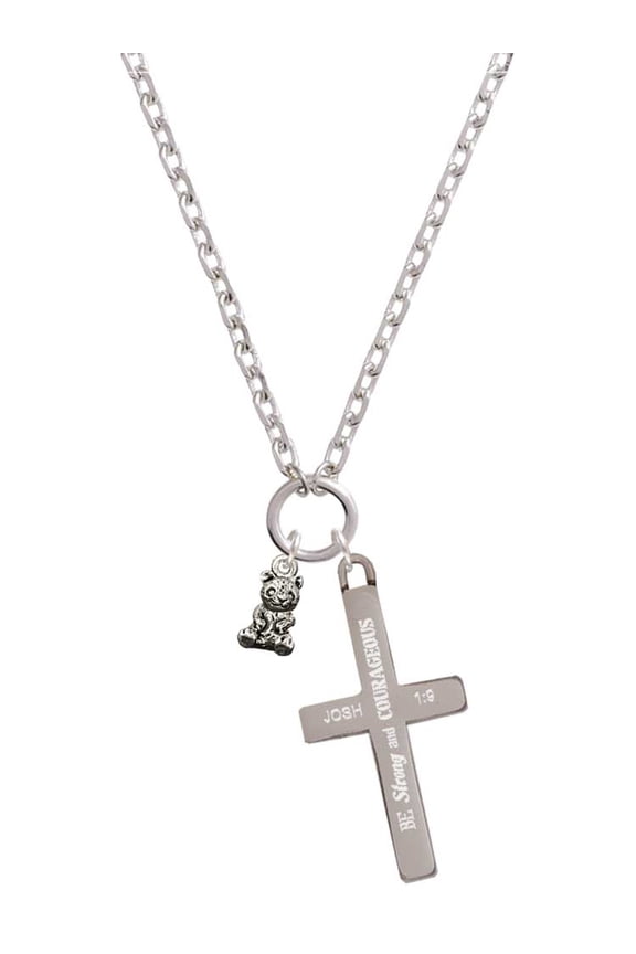 Silvertone Baby Panda Bear Sitting Be Strong and Courageous Engraved Cross Zoey Necklace, 28"