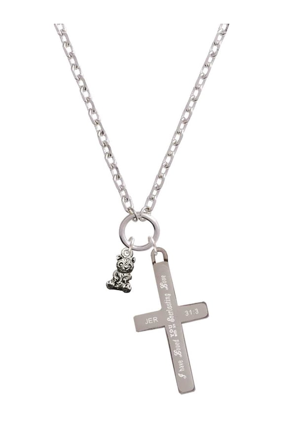Silvertone Baby Panda Bear Sitting Everlasting Love Engraved Cross Zoey Necklace, 28"