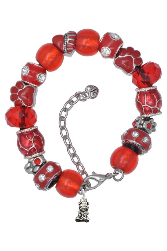 Silvertone Baby Panda Bear Sitting Red Paw Print Bead Bracelet, 7"+2"