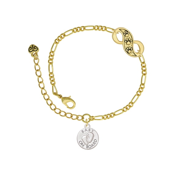 Delight Jewelry Silvertone Baby on Board with Feet Gold-tone Paw Infinity Link Chain Bracelet, 6"+2" Extender