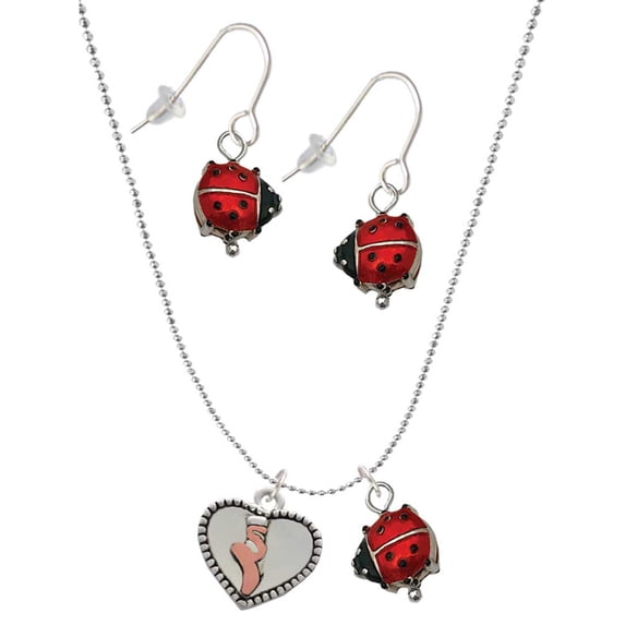 Delight Jewelry Silvertone Ballet Shoe in Heart Red Lucky Ladybug Necklace and Dangle Earrings Set