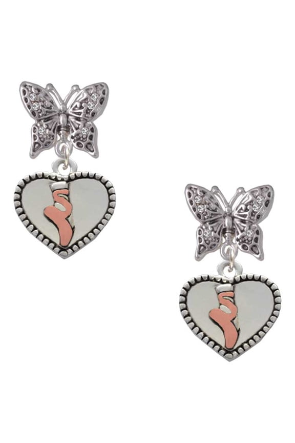 Silvertone Ballet Shoe in Heart Silvertone Antiqued Butterfly Post Earrings