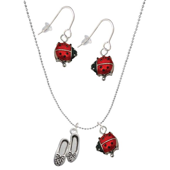 Delight Jewelry Silvertone Ballet Slippers Red Lucky Ladybug Necklace and Dangle Earrings Set