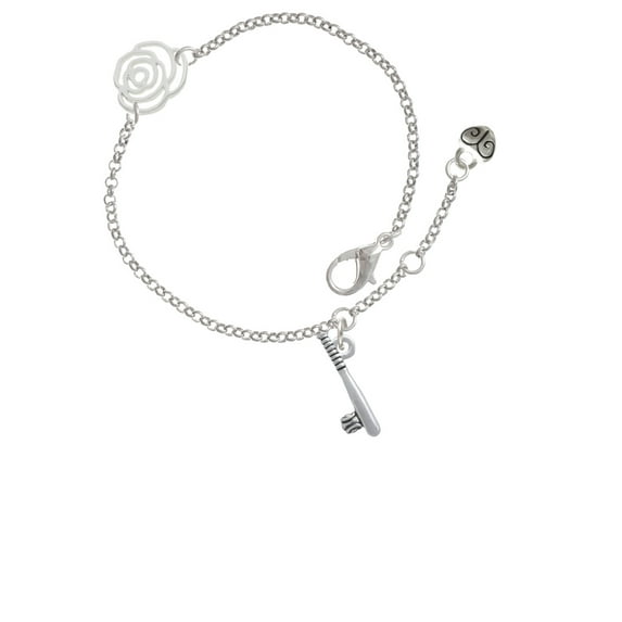 Delight Jewelry Silvertone Baseball Bat and Ball Silver-tone Rose Link Chain Bracelet, 6.25"+1.75" Extender