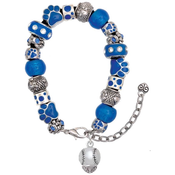 Delight Jewelry Silvertone Baseball/Softball Spinner Blue Paw Print Bead Bracelet, 7"+2"