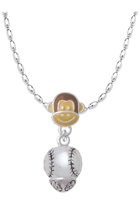Silvertone Baseball/Softball Spinner Mia Monkey Charm Necklace