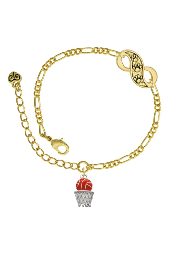 Silvertone Basketball - Over Hoop Gold-tone Paw Infinity Link Chain Bracelet, 6"+2" Extender