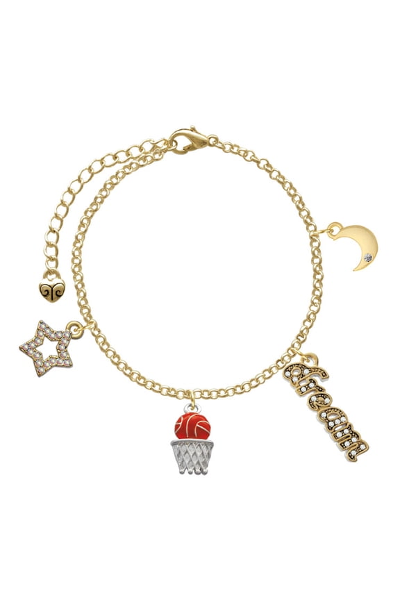Silvertone Basketball - Over Hoop Goldtone Dream Big Charm Bracelet, 7.5+2" Extender