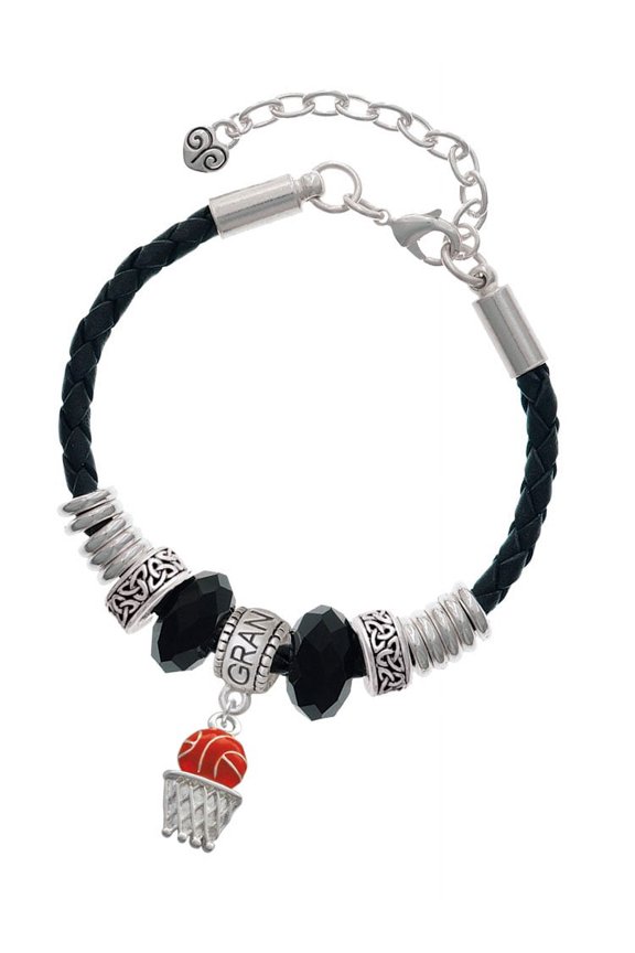 Silvertone Basketball - Over Hoop Grandmother Celtic Knot Leather Bead Bracelet, 7"+2" Extender