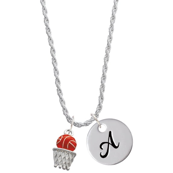 Delight Jewelry Silvertone Basketball - Over Hoop Silvertone Script Initial Disc - A - Charm Necklace, 20"+3"