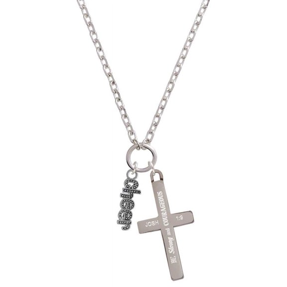 Delight Jewelry Silvertone Beaded ''Cheer'' Be Strong and Courageous Engraved Cross Zoey Necklace, 28"