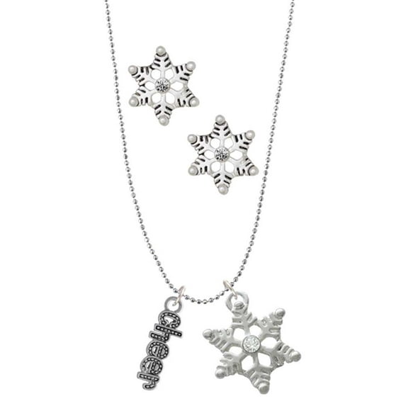 Delight Jewelry Silvertone Beaded ''Cheer'' Silver tone Snowflake Charm Necklace and Stud Earrings