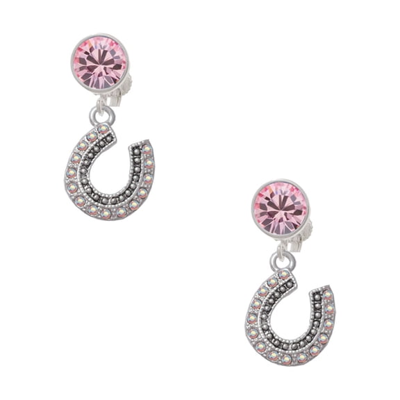 Delight Jewelry Silvertone Beaded Clear AB Crystal Horseshoe with Good Luck Pink Crystal Clip on Earrings