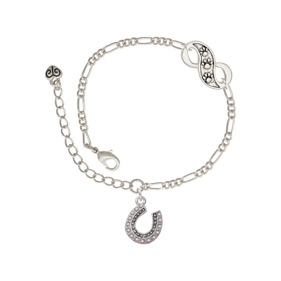 Delight Jewelry Silvertone Beaded Clear AB Crystal Horseshoe with Good Luck Silver-tone Paw Infinity Link Chain Bracelet, 6"+2" Extender