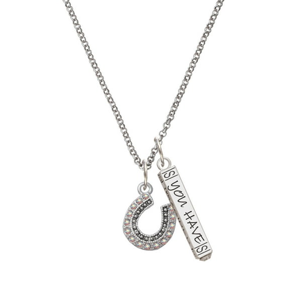Delight Jewelry Silvertone Beaded Clear AB Crystal Horseshoe with Good Luck Silvertone Live the Life You Have Imagined Bar Charm Necklace, 23"