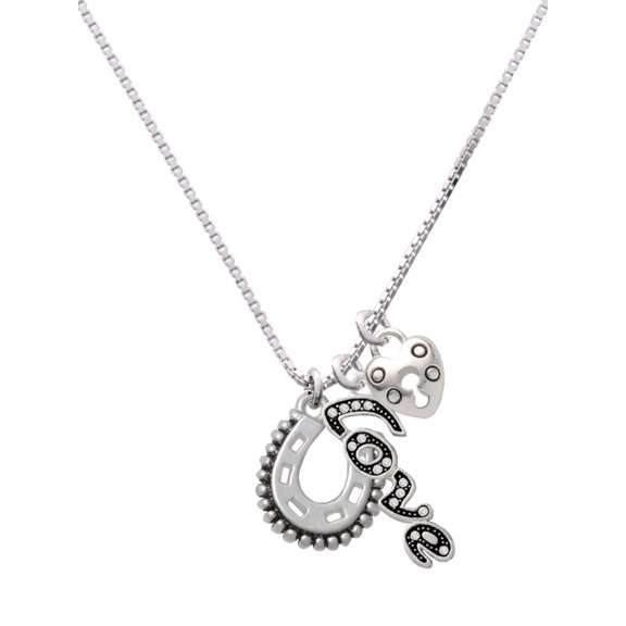 Delight Jewelry Silvertone Beaded Horseshoe - Love and Lock Charm Necklace, 18"+1"