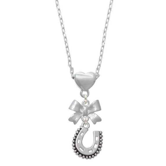 Delight Jewelry Silvertone Beaded Horseshoe Silver tone Bow Heart Necklace