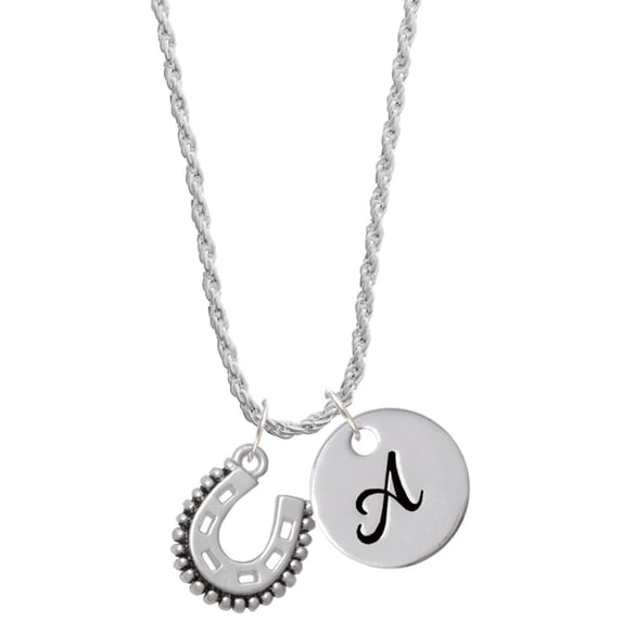 Delight Jewelry Silvertone Beaded Horseshoe Silvertone Script Initial Disc - A - Charm Necklace, 20"+3"