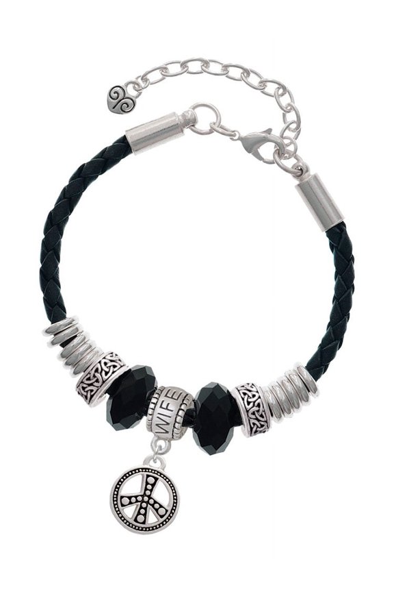 Silvertone Beaded Peace Sign Wife Celtic Knot Leather Bead Bracelet, 7"+2" Extender
