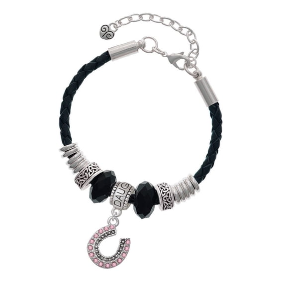 Delight Jewelry Silvertone Beaded Pink Crystal Horseshoe with Good Luck Daughter Celtic Knot Leather Bead Bracelet, 7"+2" Extender