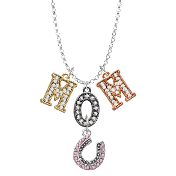 Delight Jewelry Silvertone Beaded Pink Crystal Horseshoe with Good Luck Multi-Colored Crystal Mom Charm Necklace
