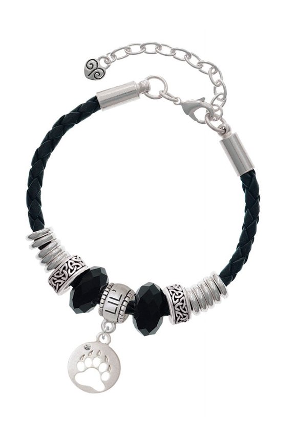 Silvertone Bear Paw Silhouette Middle Sister Celtic Knot Leather Bead Bracelet, 7"+2" Extender
