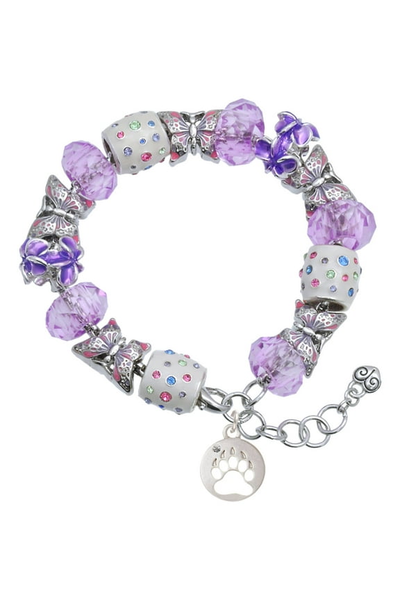 Silvertone Bear Paw Silhouette Purple Butterfly Bead Charm Bracelet, 7"+1" Extender