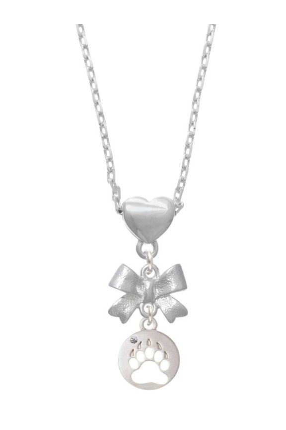Silvertone Bear Paw Silhouette Silver tone Bow Heart Necklace
