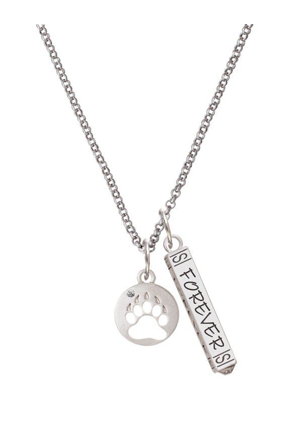 Silvertone Bear Paw Silhouette Silvertone Forever Bar Charm Necklace, 23"