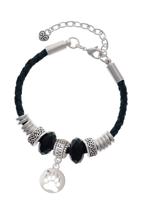 Silvertone Bear Paw Silhouette Wife Celtic Knot Leather Bead Bracelet, 7"+2" Extender