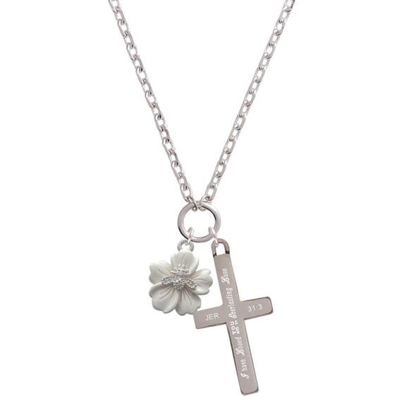 Delight Jewelry Silvertone Bee on White Flower Everlasting Love Engraved Cross Zoey Necklace, 28"
