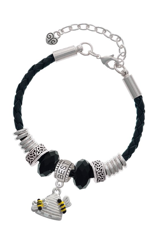 Silvertone Beehive with 2 Bumble Bees Best Friend Celtic Knot Leather Bead Bracelet, 7"+2" Extender