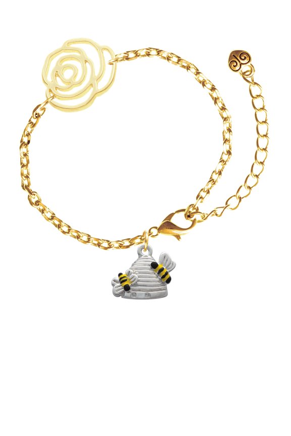 Silvertone Beehive with 2 Bumble Bees Gold-tone Flower Link Chain Bracelet, 6.75"+2" Extender