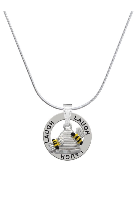 Silvertone Beehive with 2 Bumble Bees Laugh Ring Charm Necklace, 18"