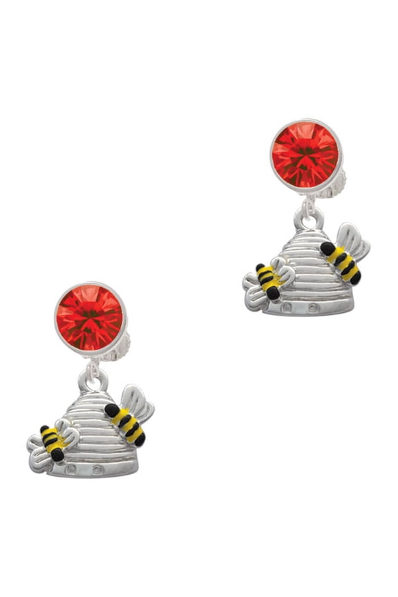 Silvertone Beehive with 2 Bumble Bees Red Crystal Clip on Earrings