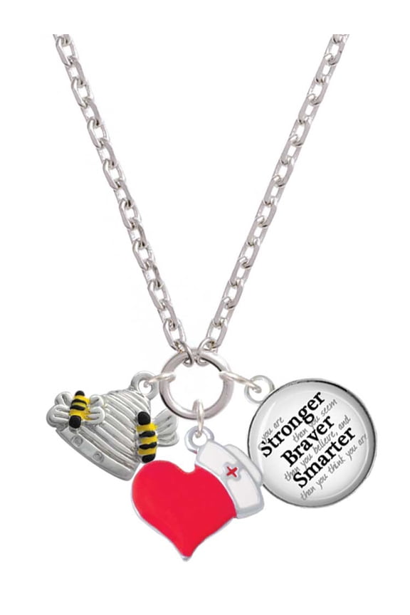Silvertone Beehive with 2 Bumble Bees - Red Heart Nurse Strong Zoe Necklace