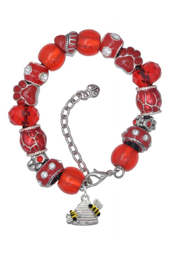 Silvertone Beehive with 2 Bumble Bees Red Paw Print Bead Bracelet, 7"+2"