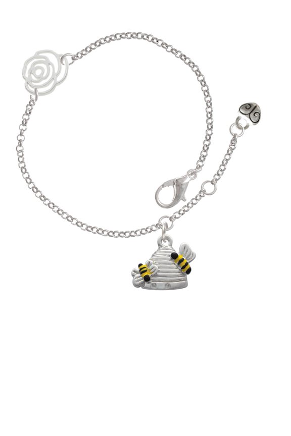Silvertone Beehive with 2 Bumble Bees Silver-tone Rose Link Chain Bracelet, 6.25"+1.75" Extender