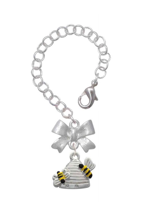 Silvertone Beehive with 2 Bumble Bees - Silvertone Bow Charm Accessory for Tumblers and Thermal Cups
